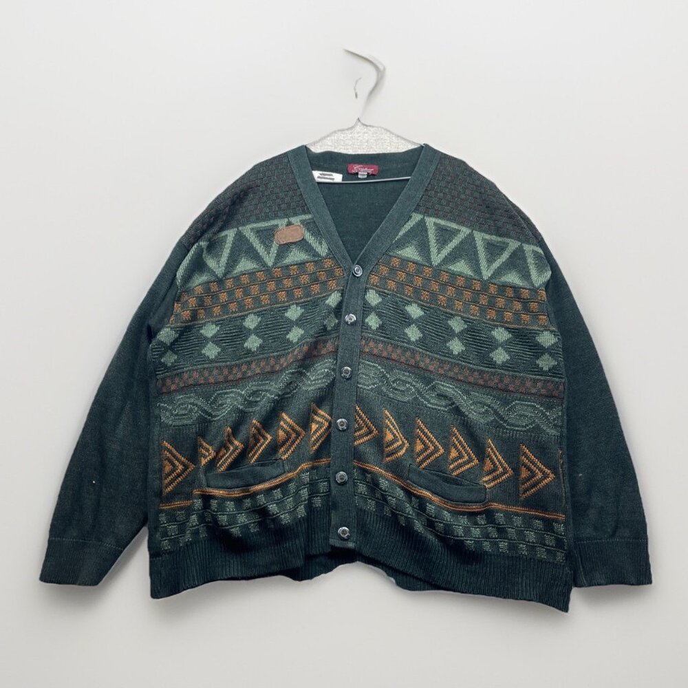 VTG Cooper Wool Blend Cardigan Green Aztec AOP Grandpa 90s Canada Made Read